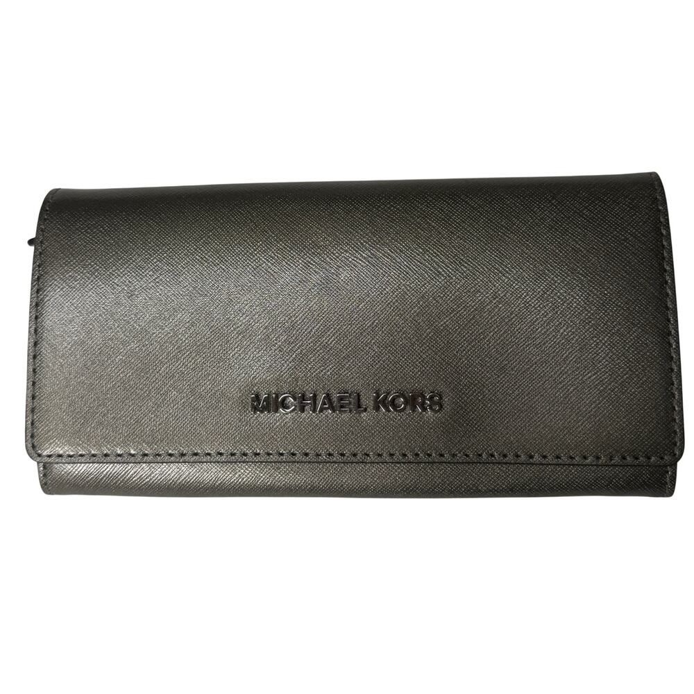 Michael Kors Metallic Taupe Saffiano Leather Wallet Contienental Snap Flap GUC